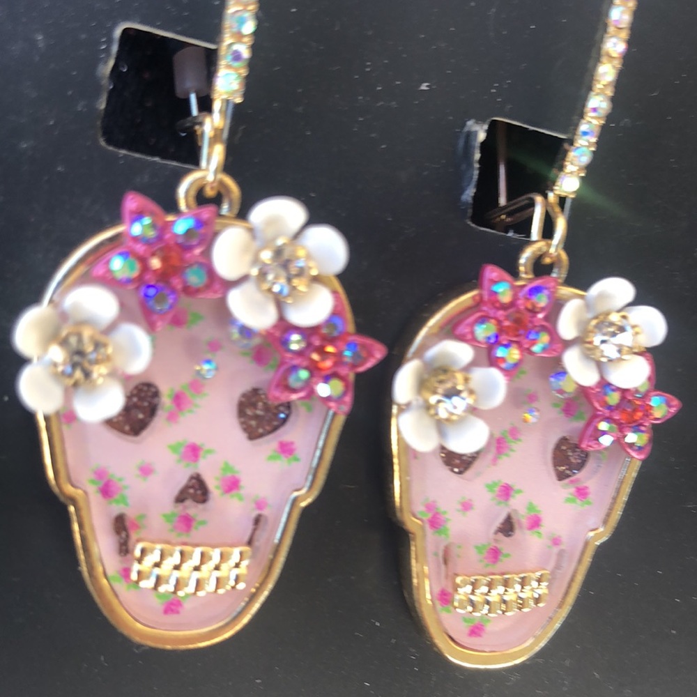 NEW Betsey Johnson Rhinestone Floral Skelton Hoop Earrings/For Halloween - Picture 6 of 16
